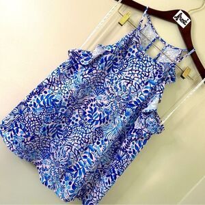 Lilly Pulitzer Blue Light Pink Sea Shells Floral Print Tank w/ Ruffles Women's L